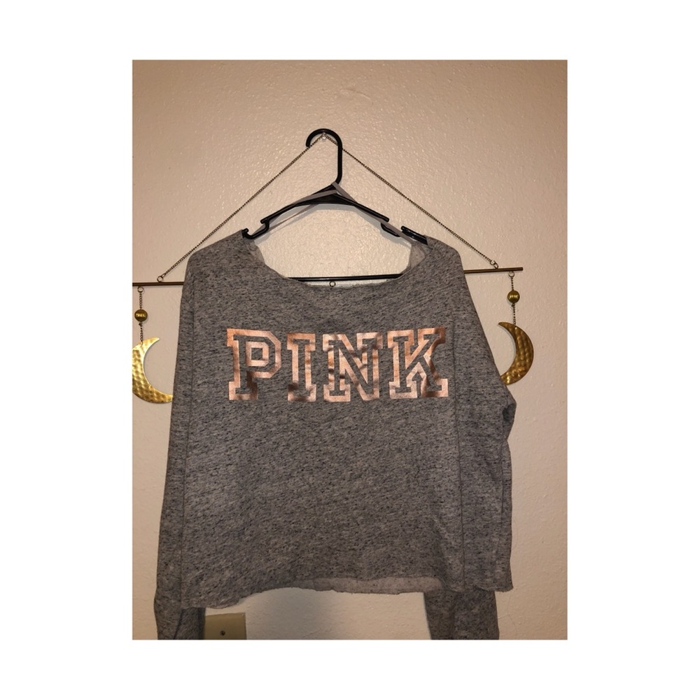 VS PINK light heathered grey sweatshirt with rose gold lettering